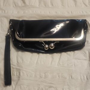 Womans Elegant Black slick Shiny Clutch Bag With Ball Closure Polished Style